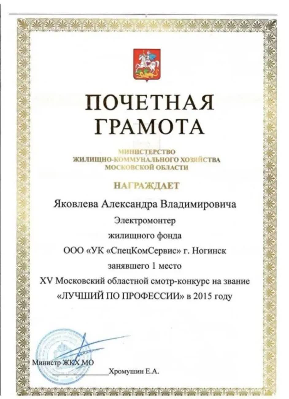 Скан: грамота «Лучший по профессии», 1 место